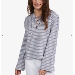 Roxy Cabo Trip Blue & White Striped Hooded Pullover Top Vacation Beach